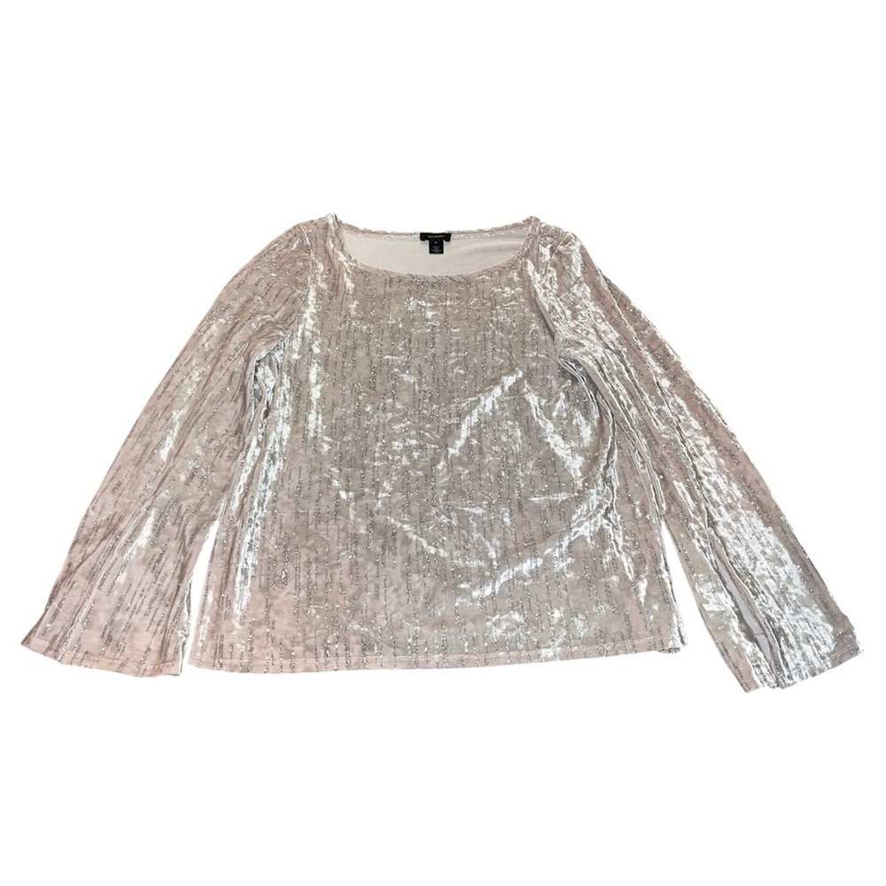 Halogen Metallic Silver Velvet Stripe Shimmer Top Boat Neck Long Sleeve size M